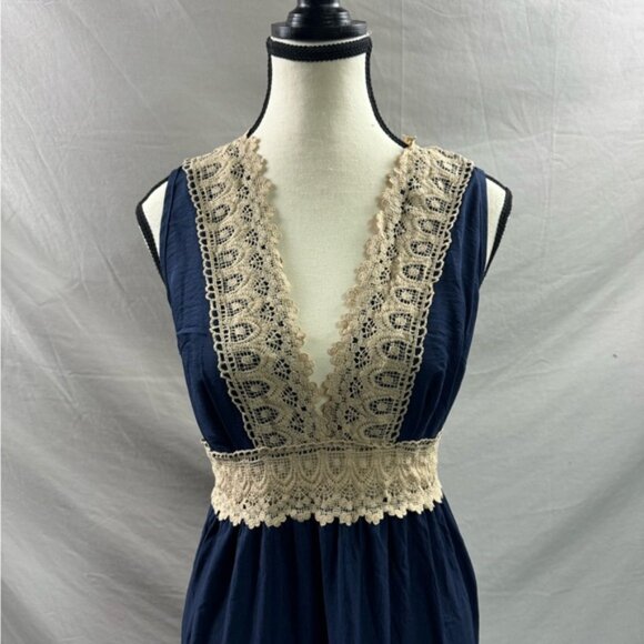 Boho Deep V-Neck Lace Trimmed Sleeveless Dress Blue - Picture 6 of 9
